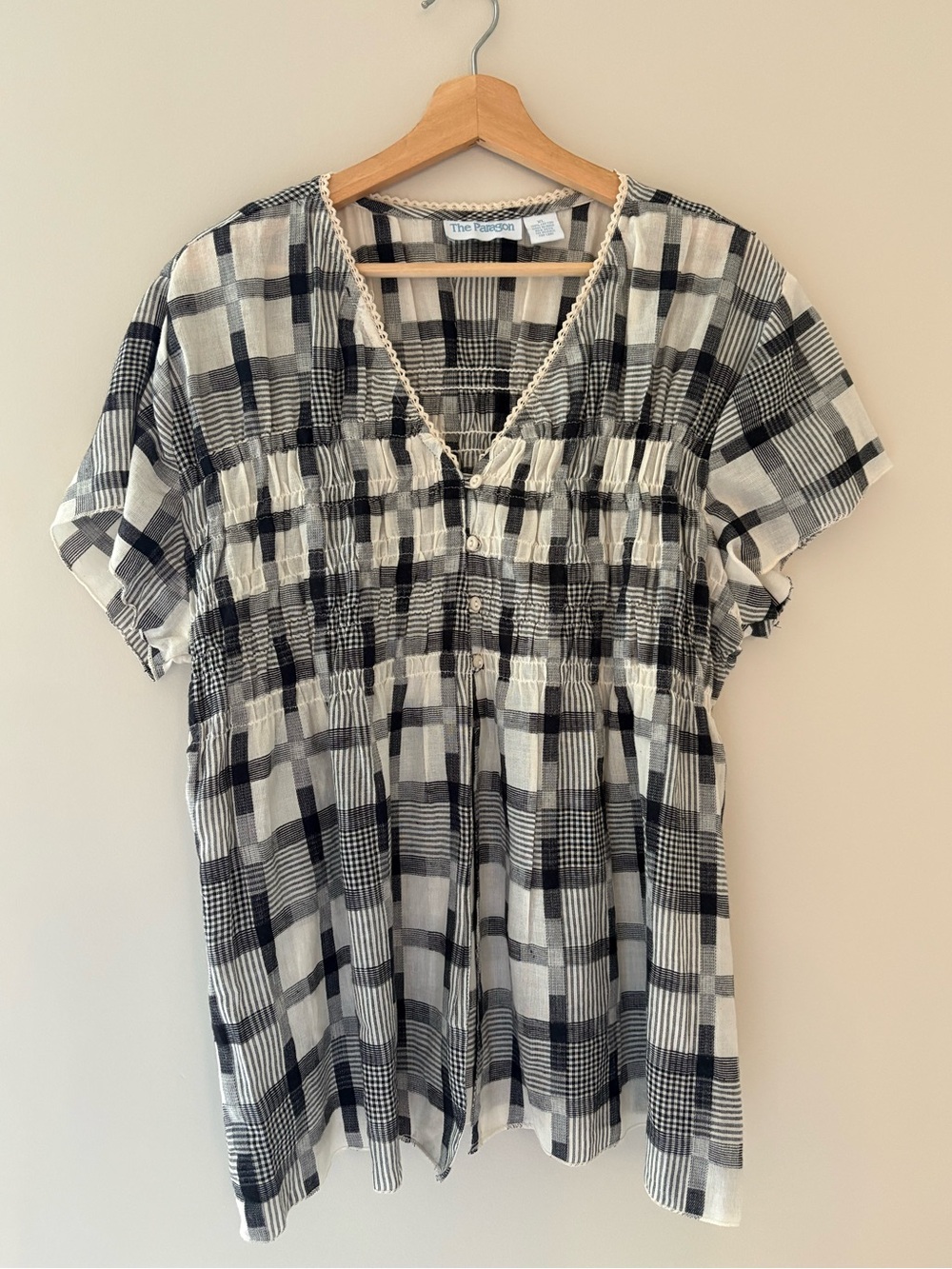 THE PARAGON | Black and White Plaid Cotton Blouse with Button Detail | XL